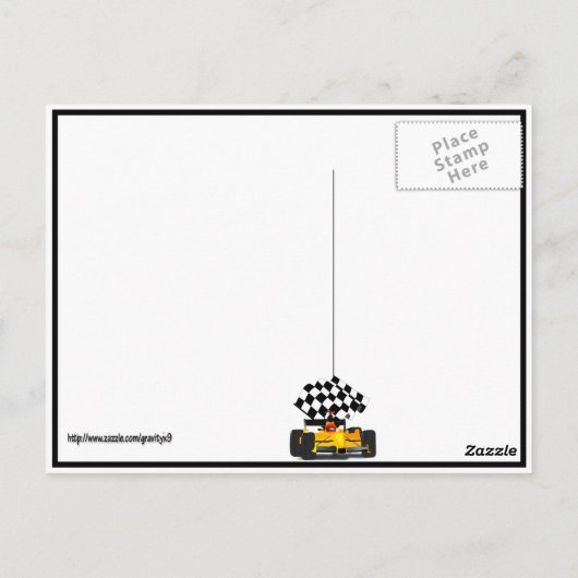 Gele rasauto met gecheckte vlag briefkaart (Achterkant)