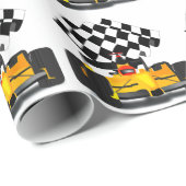 Gele rasauto met gecheckte vlag cadeaupapier (Rol Hoek)