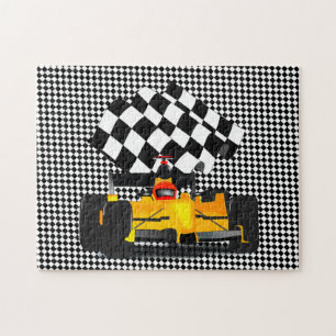 Gele rasauto met gecheckte vlag Jigzaag Puzzle Legpuzzel