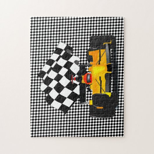 Gele rasauto met gecheckte vlag Jigzaag Puzzle Legpuzzel (Verticaal)