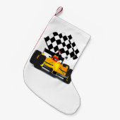 Gele rasauto met gecheckte vlag kleine kerstsok (Voorkant (Hangend))