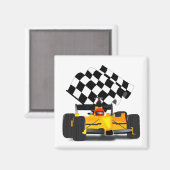 Gele rasauto met gecheckte vlag magneet (Voorkant / Achterkant)