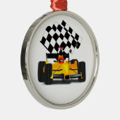 Gele rasauto met gecheckte vlag metalen ornament (Rechts)