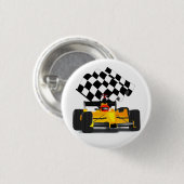 Gele rasauto met gecheckte vlag ronde button 3,2 cm (Voorkant /achterkant)
