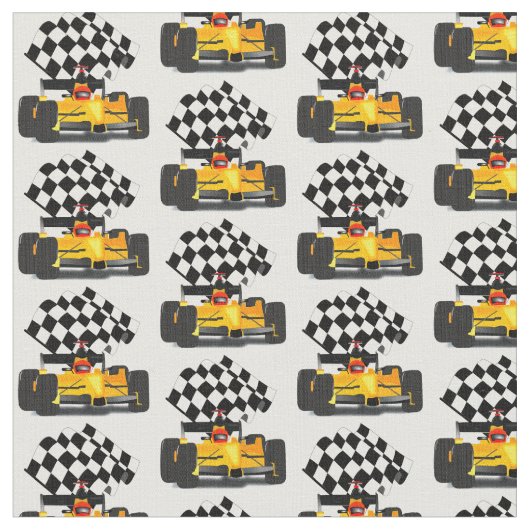 Gele rasauto met gecheckte vlag stof (Close Up)