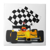 Gele rasauto met gecheckte vlag tegeltje (Voorkant)