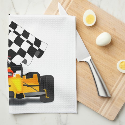Gele rasauto met gecheckte vlag theedoek (Quarter Fold)