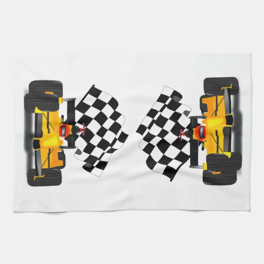 Gele rasauto met gecheckte vlag theedoek (Horizontaal)