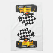 Gele rasauto met gecheckte vlag theedoek (Verticaal)
