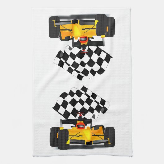 Gele rasauto met gecheckte vlag theedoek (Verticaal)