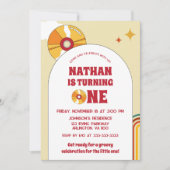 Gele Retro 1e Kids Verjaardag Groovy Party Vinyl Kaart (Voorkant)