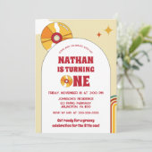 Gele Retro 1e Kids Verjaardag Groovy Party Vinyl Kaart (Staand voorkant)