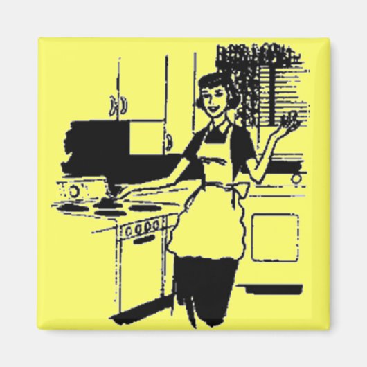 Gele Retro 50-huisvrouw in de keuken Magneet (Voorkant)