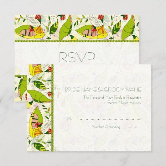 Gele Retro Abstracte Floral Collage-RSVP RSVP Kaartje (Voorkant / Achterkant)