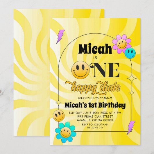 Gele Retro Een Gelukkig Dude Verjaardag Uitnodigin Kaart (Voorkant / Achterkant)