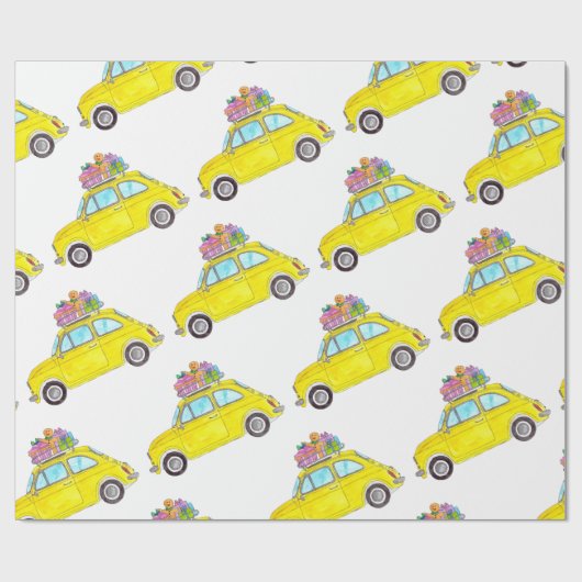 Gele Retro Fiat 500 kerstcadeautjes Waterverf Cadeaupapier (Vlak)