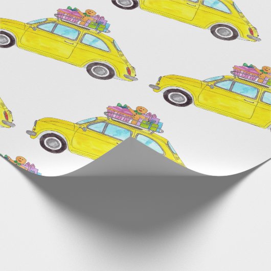 Gele Retro Fiat 500 kerstcadeautjes Waterverf Cadeaupapier (Hoek)