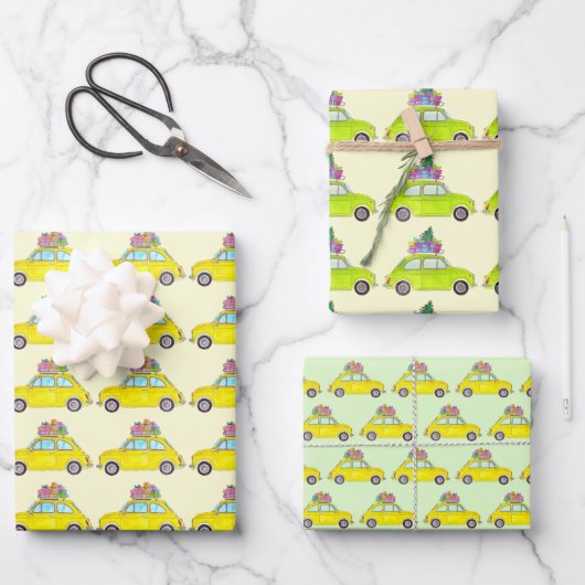 Gele Retro Fiat 500 kerstcadeautjes Waterverf Inpakpapier Vel (Voorkant)