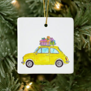 Gele Retro Fiat 500 kerstcadeautjes Waterverf Keramisch Ornament