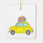 Gele Retro Fiat 500 kerstcadeautjes Waterverf Keramisch Ornament (Links)