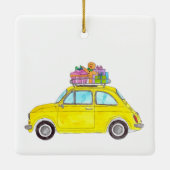 Gele Retro Fiat 500 kerstcadeautjes Waterverf Keramisch Ornament (Achterkant)