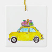 Gele Retro Fiat 500 kerstcadeautjes Waterverf Keramisch Ornament (Voorkant)