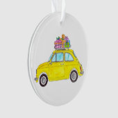 Gele Retro Fiat 500 kerstcadeautjes Waterverf Ornament (voorkant)