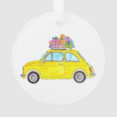 Gele Retro Fiat 500 kerstcadeautjes Waterverf Ornament (achterkant)