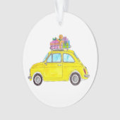 Gele Retro Fiat 500 kerstcadeautjes Waterverf Ornament (voorkant)