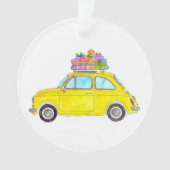 Gele Retro Fiat 500 kerstcadeautjes Waterverf Ornament (voorkant)