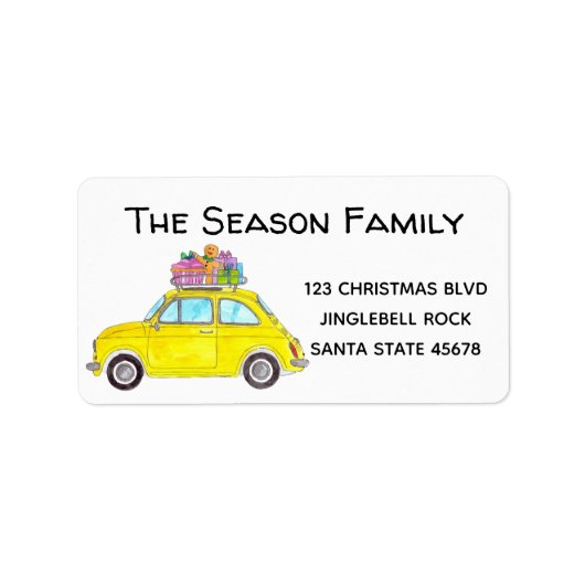 Gele Retro Fiat 500 met kerstcadeaus Etiket (Voorkant)