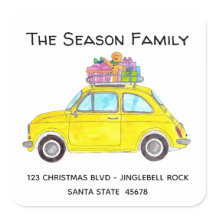 Gele Retro Fiat 500 met kerstcadeaus