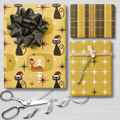 Gele Retro Mid Century Moderne Kattenkerst Inpakpapier Vel