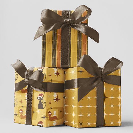 Gele Retro Mid Century Moderne Kattenkerst Inpakpapier Vel