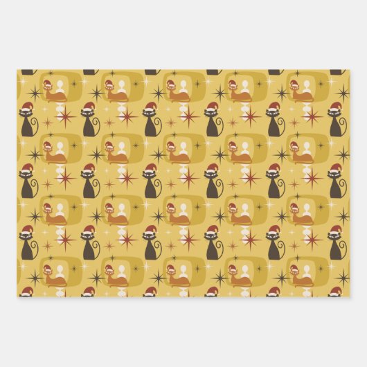 Gele Retro Mid Century Moderne Kattenkerst Inpakpapier Vel (Voorkant)