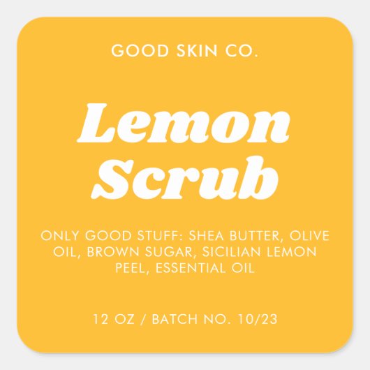 Gele retro-minimalistische cosmeticalichaamscrub-l vierkante sticker (Voorkant)