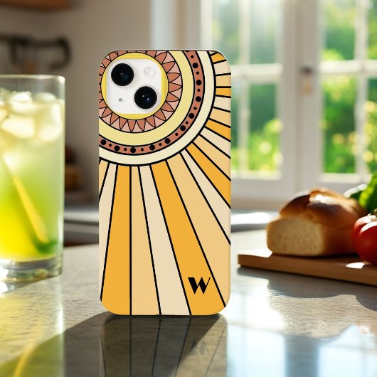 Gele Retro zonnestralen Custom monogram letter Case-Mate iPhone Case