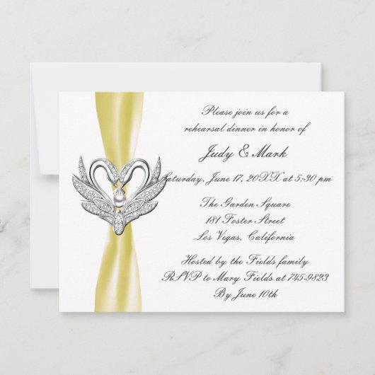 Gele ribbon Silver Swans Rehearsal Dinner Invite Kaart (Voorkant)