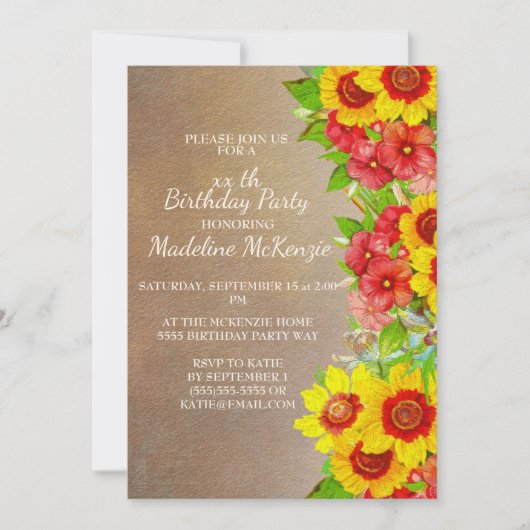 Gele rode bloemen Bruine Birthday Party Uitnodigin Kaart (Voorkant)