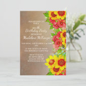 Gele rode bloemen Bruine Birthday Party Uitnodigin Kaart (Staand voorkant)