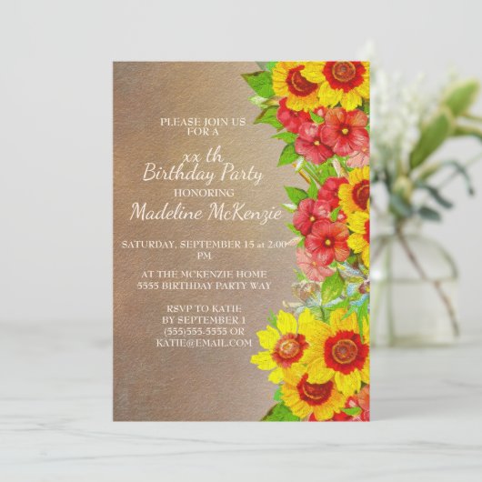 Gele rode bloemen Bruine Birthday Party Uitnodigin Kaart (Staand voorkant)