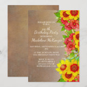 Gele rode bloemen Bruine Birthday Party Uitnodigin Kaart (Voorkant / Achterkant)