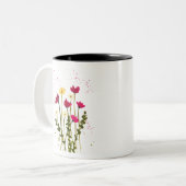 Gele rode bloemen waterverf rustige tweekleurige koffiemok (Voorkant links)