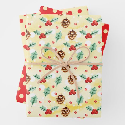 Gele rode bruine kerst Holly Pine Cones Stippen Inpakpapier Vel (In situ)