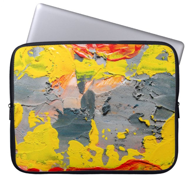 Gele, rode en groene verf laptop sleeve (Voorkant)