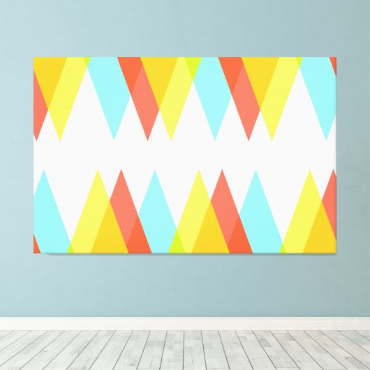 Gele, rode en kadetblauwe driehoeken canvas afdruk (Insitu (Houten vloer))