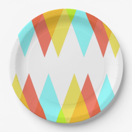 Gele, rode en kadetblauwe driehoeken papieren bordje (Voorkant)