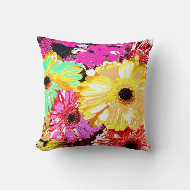 Gele rode gerbera-chrysanthemum bloemen kussen (Voorkant)