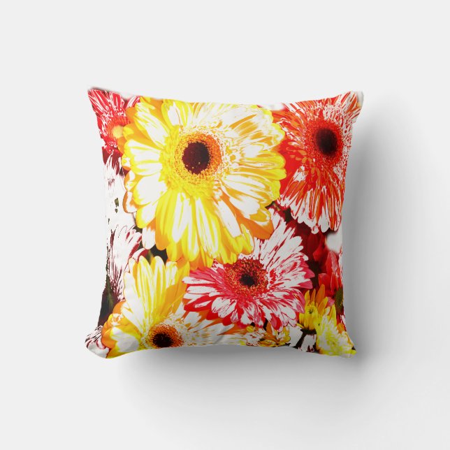 Gele rode gerbera chrysanthemum bloemen kussen (Voorkant)