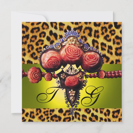 GELE RODE KORAALROZEN, LUIPAARDPRINT MONOGRAM KAART (Voorkant)